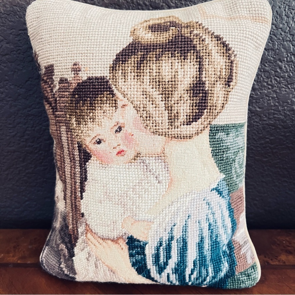Vtg Wool Needlepoint Petit Point Pillow Mother Child Velvet Lillian Vernon.